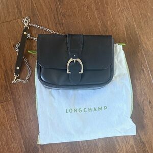 Longchamp Black Leather Crossbody Bag with Silver Chain